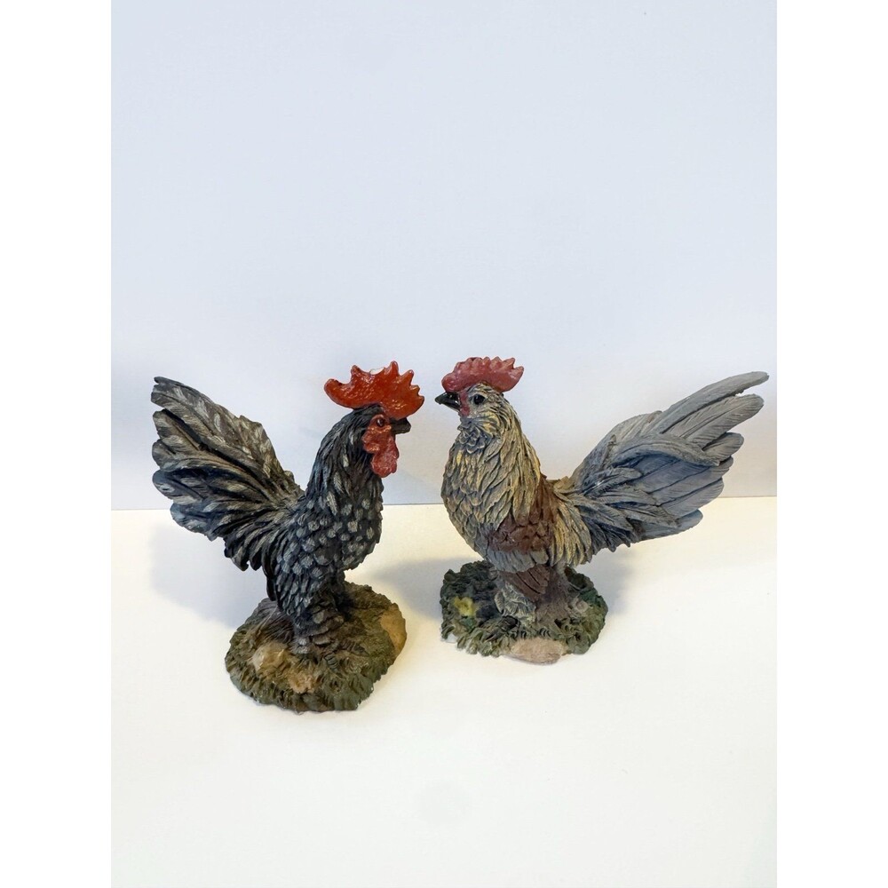 Vintage Rooster Figurines Set of 2 Small Rustic Farmhouse Country Cottage Decor